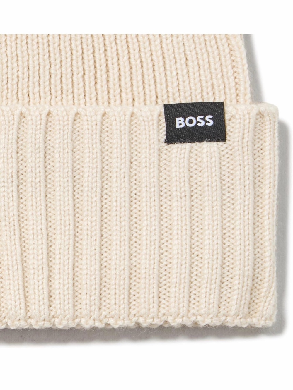 BOSS Cream Ribbed Knit Beanie with Black Logo Tag